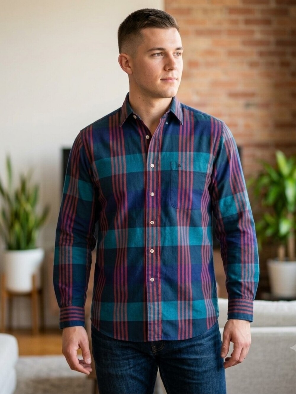 Christian Dior Vintage Men's Button Down Dress Multicolor Plaid Shirt, Medium